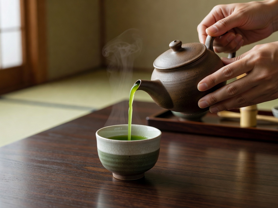 Ceremonial teapot pouring green tea into small ceramic cup