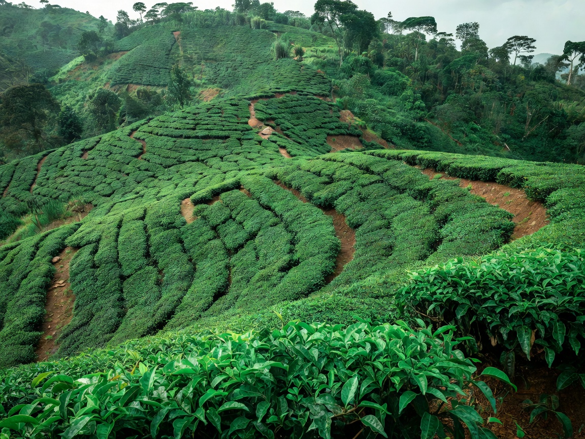 Detailed view of emerald tea bushes on Sri Lanka hillside