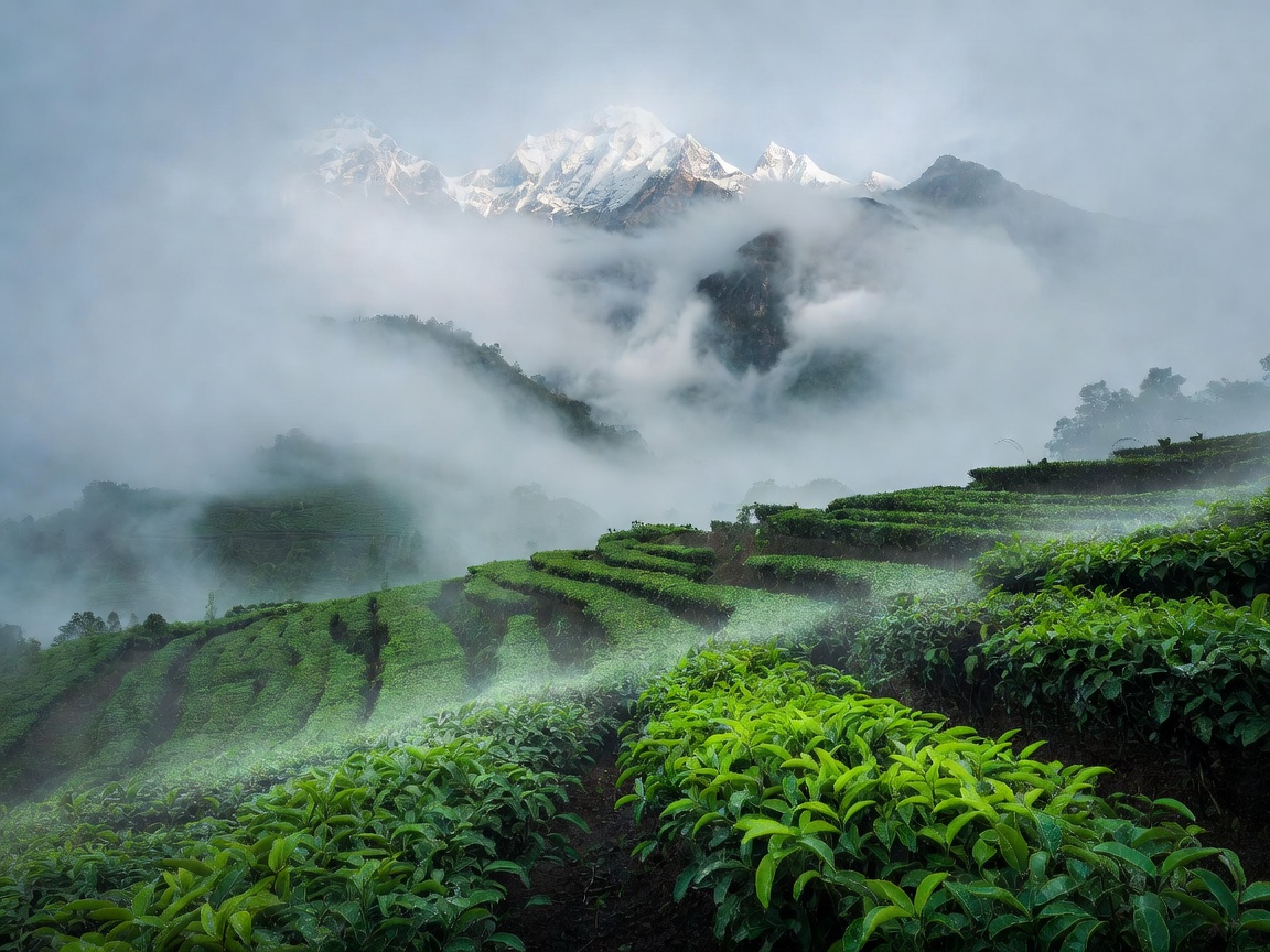 Misty views of Kanchenjunga mountain range behind Darjeeling tea garden