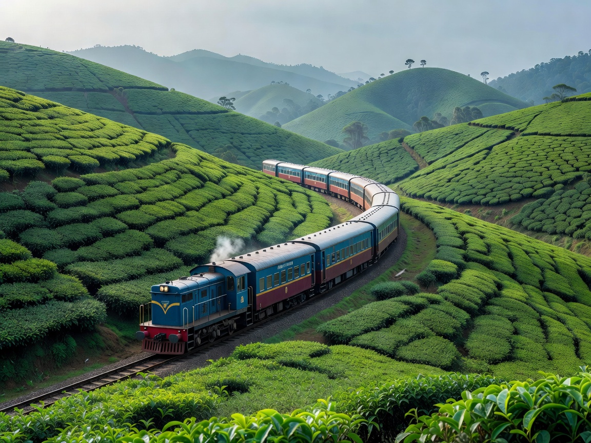 Scenic tea hills in Central Sri Lanka with train passing through