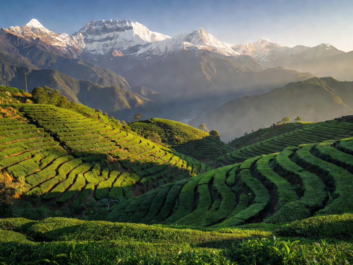 Spectacular view of Himalayan mountain ranges overlooking green tea terraces