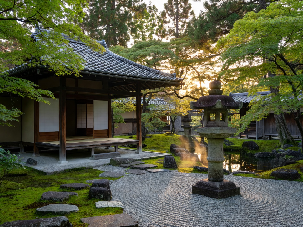 Traditional Japanese stone lantern and tea pavilion in Uji Kyoto