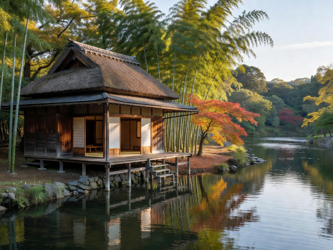 Traditional Japanese wooden tea house along Uji River in Kyoto